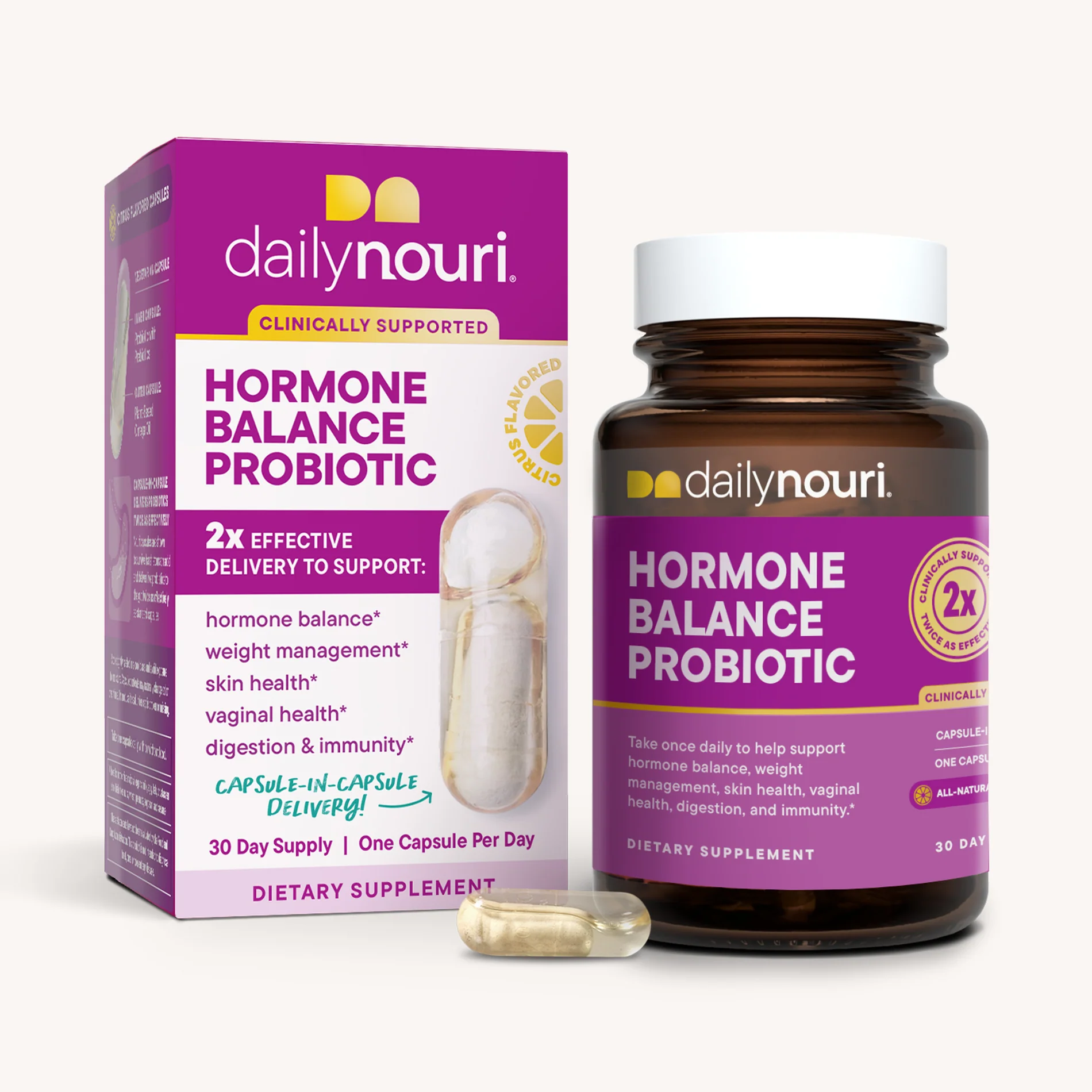 Dailynouri Hormone Balance Probiotic:Amber bottle, white cap; purple/white label; capsule-in-capsule art; Dailynouri branding; 30 capsules.